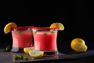 Bold Vibrant Wallpaper Black/Dark Wallpaper 4K 6000x4000 Vibrant, Red, Cocktails, Garnished, With, Lemon, Wedges, And, Green, Chili, Peppers, Dark, Pink, Brown, Landscape, 4k