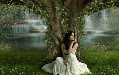 Golden Artistic Wallpaper Nature Wallpaper 4K 1900x1200 Artistic, Hd, Wallpaper:, Of, A, Woman, In, White, Dress, Sitting, Large, Tree, Gray, Ultrawide
