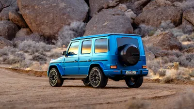 Blue Amg G63 Outdoors Abstract Wallpaper 4K 3840x2160 Blue, Mercedes-amg, G63, Parked, Outdoors, With, Rocky, Background, Gray, Ultrawide, 4k