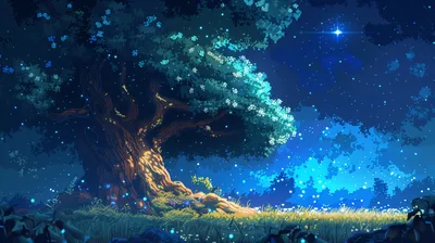 Pixel Art Tree Starlit Sky Nature Wallpaper 4K 2912x1632 Hd, Pixel, Art, Of, A, Tree, Under, Starlit, Sky, Creating, Serene, Magical, Yellow, Pink, Brown, Ultrawide, QHD