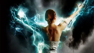 Powerful Fantasy Witch Outstretched Fantasy Wallpaper 4K 1920x1080 A, Powerful, Fantasy, Scene, Featuring, Witch, With, Outstretched, Arms, Surrounded, Blue, Lightning, White, Gray, Ultrawide, Full HD