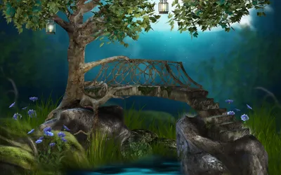 Serene Fantasy Wooden Bridge Lush Fantasy Wallpaper 4K 2560x1600 A, Serene, Fantasy, Scene, Featuring, Wooden, Bridge, Lush, Greenery, Glowing, Lanterns, Creating, Brown, Ultrawide, QHD