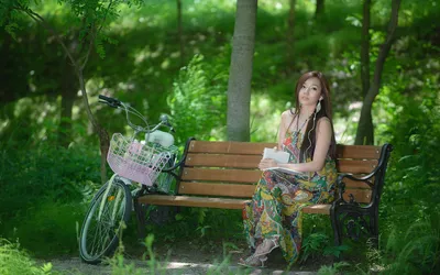 Crisp Woman Wallpaper Abstract Wallpaper 4K 1920x1200 A, Woman, Sitting, On, Bench, Amidst, Lush, Greenery, Holding, Book, Bicycle, Nearby, Brown, Gray, Ultrawide, Full HD