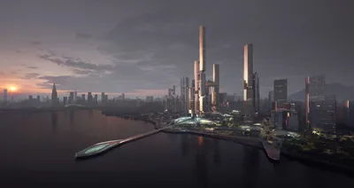 Vivid Futuristic Wallpaper World Wallpaper 4K 5600x2970 Futuristic, Sci‑fi, Cityscape, With, Towering, Skyscrapers, By, A, River, Dusk, Rendered, Ultra, Gray, Ultrawide, 4k