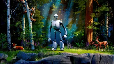 Scenic Robot Standing Vibrant Nature Wallpaper 4K 3840x2160 A, Scenic, 4k, Ultra, Hd, Image, Featuring, Robot, Standing, Vibrant, Forest, Surrounded, Brown, Gray, Ultrawide