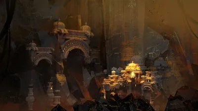 Radiant Glowing Wallpaper Fantasy Wallpaper 4K 2112x1188 Hd, Pc, Desktop, Wallpaper, A, Glowing, Golden, Fantasy, City, Nestled, Vast, Rock, Brown, Orange, Ultrawide, Full HD