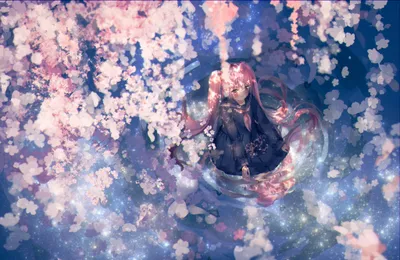 Anime Sakura Miku Abstract Wallpaper 4K 2048x1334 Anime-style, Sakura), Miku, With, Flowing, Pink, Hair, Sits, Gracefully, Water, Surrounded, Blooming, White, Ultrawide, Full HD