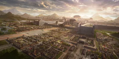 Fantasy Cityscape Expansive Ancient World Wallpaper 4K 2160x1080 Hd, Fantasy, Cityscape, Wallpaper, Showing, An, Expansive, Ancient, City, Grand, Temples, Mountains, White, Ultrawide, Full HD