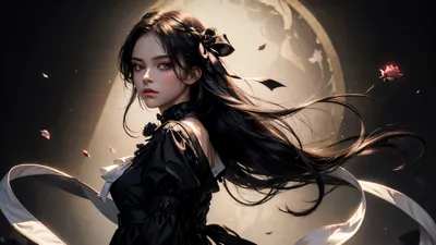 Serene Dark Wallpaper Black/Dark Wallpaper 4K 3456x1944 Dark, Anime, Girl, Black, Angel, With, Flowing, Hair, Feathers, Before, Glowing, Moon, Gray, White, Ultrawide, QHD