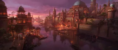 Dreamy Vibrant Wallpaper World Wallpaper 4K 2800x1191 A, Vibrant, Fantasy, Cityscape, At, Dusk, With, Ornate, Architecture, Along, Calm, Waters, Brown, Gray, Ultrawide, QHD