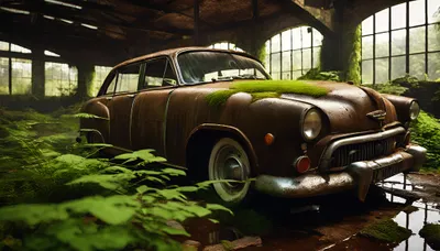 Rusty Old Car Overtaken Cars Wallpaper 4K 4096x2340 Rusty, Old, Car, Overtaken, By, Moss, And, Ferns, Inside, Abandoned, Sunlit, Warehouse, White, Ultrawide, 4k