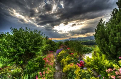Lush English Garden Vibrant Nature Wallpaper 4K 2600x1700 Lush, English, Garden, With, Vibrant, Flowers, Bushes, And, Trees, Under, Dramatic, Cloudy, White, Gray, Ultrawide, QHD