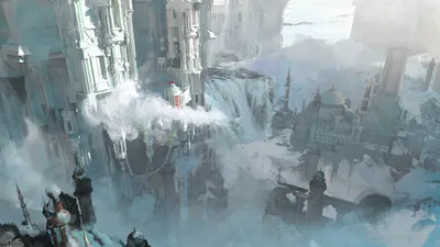 Fantastical Cityscape Towering World Wallpaper 4K 2120x1193 A, Fantastical, Cityscape, With, Towering, Structures, And, Cascading, Waterfalls, Enveloped, Mist, Rendered, Gray, Ultrawide, Full HD