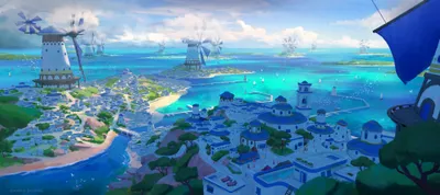 Golden Vibrant Wallpaper World Wallpaper 4K 3840x1707 A, Vibrant, Fantasy, Cityscape, By, The, Sea, With, White, Buildings, Windmills, Turquoise, Ultrawide, 4k