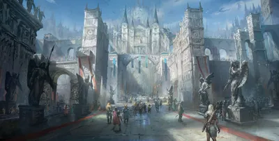 Moody Fantasy Wallpaper Fantasy Wallpaper 4K 3840x1944 Hd, Fantasy, Cityscape, With, Towering, Castle-like, Structures, Bustling, Figures, Majestic, Statues, Creating, Gray, Ultrawide, 4k