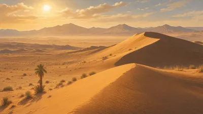 Serene Sahara Wallpaper Nature Wallpaper 4K 3840x2160 Sahara, Sand, Dunes, Bathed, In, Golden, Sunset, A, Lone, Palm, Distant, Mountains, Orange, Purple, Ultrawide, 4k