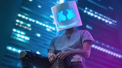 Person Wearing Marshmello World Wallpaper 4K 3840x2160 Person, Wearing, A, Marshmello, Head, Mask, Sitting, In, Urban, Setting, Night, City, Brown, Ultrawide, 4k