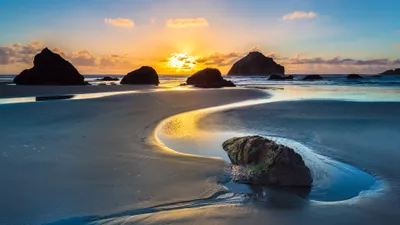 Sunset Serene Beach Nature Wallpaper 4K 3840x2160 Hd, Desktop, Wallpaper, Featuring, A, Sunset, Over, Serene, Beach, Silhouetted, Rocks, Reflective, Gray, Ultrawide, 4k
