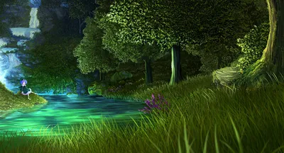 Fantasy Landscape Night Nature Wallpaper 4K 2349x1266 A, Fantasy, Landscape, At, Night, Featuring, River, Illuminated, Soft, Light, Surrounded, Lush, Black, Ultrawide, Full HD
