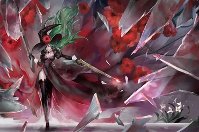 Dark Anime Witch Green Black/Dark Wallpaper 4K 1700x1131 Dark, Anime-style, Witch, With, Green, Hair, And, A, Red, Rose, Wielding, Sword, Gray, Ultrawide