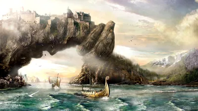 Majestic Fantasy City Perched Atop Fantasy Wallpaper 4K 1920x1080 A, Majestic, Fantasy, City, Perched, Atop, Rocky, Archway, Viking, Ships, Sailing, Below, White, Ultrawide, Full HD