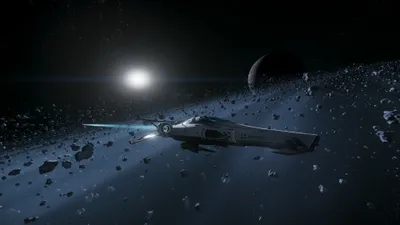 Razor Star Citizen Space Wallpaper 4K 3840x2160 Razor, Star, Citizen, Ship, Flying, Through, An, Asteroid, Belt, Past, White, Gray, Ultrawide, 4k