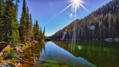 Serene Landscape Calm Lake Surrounded Nature Wallpaper 4K 3840x2160 A, Serene, Landscape, Featuring, Calm, Lake, Surrounded, Tall, Pine, Trees, Reflecting, Blue, Pink, Gray, Ultrawide, 4k