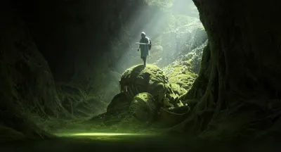 Fantasy Warrior Stands Fantasy Wallpaper 4K 2000x1080 A, Fantasy, Warrior, Stands, Illuminated, In, Mystical, Cave, Surrounded, Lush, Greenery, Ancient, Gray, Ultrawide, Full HD