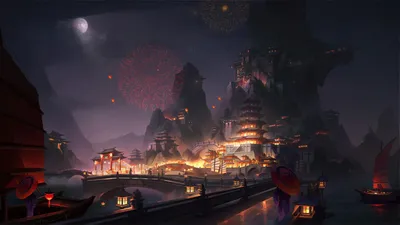 Radiant Fantasy Wallpaper World Wallpaper 4K 1920x1080 Hd, Pc, Desktop, Wallpaper, Background, Fantasy, City, Lantern-lit, Mountain, Metropolis, Pagodas, Gray, Orange, Ultrawide, Full HD