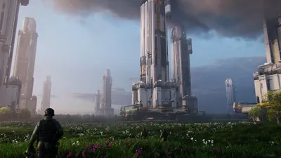 Vibrant Sci Wallpaper World Wallpaper 4K 3840x2160 Sci‑fi, Cityscape, With, Towering, Futuristic, Buildings, Rising, Above, Flowered, Meadow, Lone, Soldier-like, Gray, Ultrawide, 4k