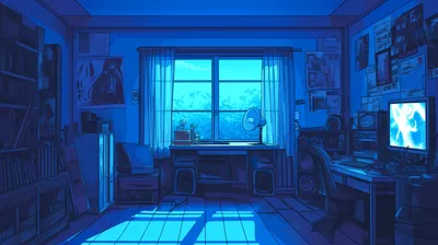 Anime Room Serene Blue Themed Abstract Wallpaper 4K 2912x1632 Hd, Anime-style, Room, Wallpaper:, Featuring, A, Serene, Blue-themed, Bedroom, Posters, Walls, Sunlight, Red, Ultrawide, QHD
