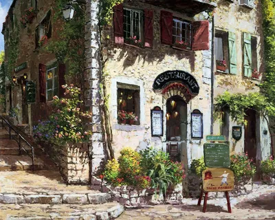 Artistic Painting Charming Restaurant Nestled Abstract Wallpaper 4K 1920x1536 Artistic, Painting, Of, A, Charming, (restaurant, Nestled, Among, Lush, Greenery, Colorful, Flowers, Gray, White, Square, Full HD