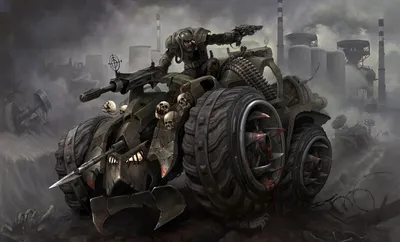 Dark Sci Wasteland Nature Wallpaper 4K 1920x1163 A, Dark, Sci‑fi, Wasteland, Scene, Featuring, Menacing, Tank, Skull, Decorations, Fog, Warrior, Gray, Ultrawide, Full HD