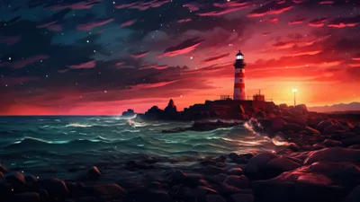 Anime Landscape Lighthouse Vibrant Sunset Nature Wallpaper 4K 3840x2160 A, Stunning, Anime, Landscape, Featuring, Lighthouse, Against, Vibrant, Sunset, Stars, Twinkling, Sky, Brown, Ultrawide, 4k