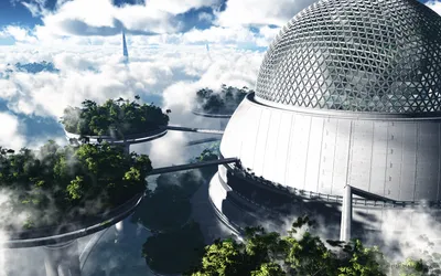 Futuristic Sci Landscape Nature Wallpaper 4K 1920x1200 A, Futuristic, Sci‑fi, Landscape, Featuring, Giant, Dome, Structure, Surrounded, Floating, Platforms, Lush, White, Ultrawide, Full HD