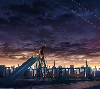 Anime Cityscape Dusk Figure Standing World Wallpaper 4K 2100x1875 Anime-style, Cityscape, At, Dusk, With, A, Figure, Standing, Playground, Slide, Under, Dramatic, Gray, Square, Full HD