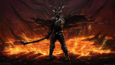 Misty Menacing Wallpaper Black/Dark Wallpaper 4K 1920x1080 A, Menacing, Dark, Demon, Stands, In, Fiery, Landscape, Wielding, Sword, Features, Dramatic, Orange, Ultrawide, Full HD