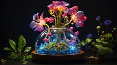 Vivid Glowing Wallpaper Black/Dark Wallpaper 4K 2000x1120 A, Glowing, Plant, With, Vibrant, Flowers, Grows, Inside, Clear, Bowl, Surrounded, Leaves, Pink, Gray, Ultrawide, Full HD