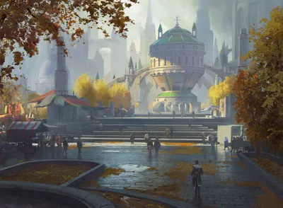 Serene Fantasy Wallpaper World Wallpaper 4K 3334x2449 Fantasy, Cityscape, Domed, Palace, Soaring, Spires, And, Tree-lined, Plaza, Figures, Reflective, Gray, White, Landscape, QHD