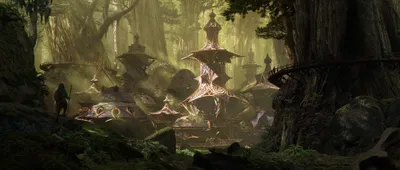 Serene Lush Wallpaper Fantasy Wallpaper 4K 3840x1634 Lush, Forest, With, Glowing, Ornate, Spire-like, Structures, Forming, Mystical, Fantasy, City, Detailed, Brown, Gray, Ultrawide, 4k