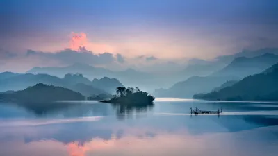 Serene Lake Shrouded Fog Distant Nature Wallpaper 4K 7680x4320 A, Serene, Lake, Shrouded, In, Fog, With, Distant, Mountains, Clouds, Sunrise, Captured, Pink, Gray, Ultrawide, 4k