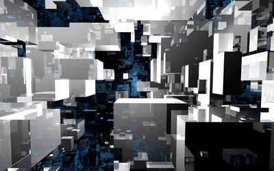 Abstract Depiction Cubes Dynamic Black/Dark Wallpaper 4K 1920x1200 An, Abstract, Depiction, Of, Cubes, In, A, Dynamic, Arrangement, Featuring, Shades, Black, White, Gray, Ultrawide, Full HD