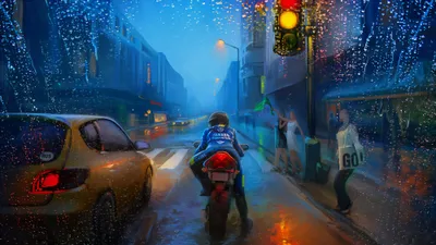 Bright Artistic Wallpaper World Wallpaper 4K 2000x1125 Artistic, Hd, Desktop, Wallpaper, Showing, A, Rainy, City, Street, Night, Motorcyclist, Stopped, Pink, Yellow, Ultrawide, Full HD