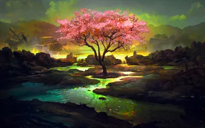 Epic Vivid Wallpaper Nature Wallpaper 4K 2560x1600 A, Vivid, Landscape, Featuring, Lonely, Pink-blossomed, Tree, Glowing, River, Blending, Natural, Beauty, Gray, Orange, Pink, Ultrawide, QHD