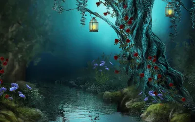 Serene Fantasy Forest Winding River Nature Wallpaper 4K 2560x1600 Hd, Desktop, Wallpaper:, Featuring, A, Serene, Fantasy, Forest, Scene, Winding, River, Lanterns, Orange, Pink, Gray, Ultrawide, QHD