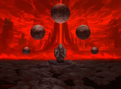 Dark Red Landscape Fantasy Wallpaper 4K 1920x1410 Dark, Red, Landscape, With, A, Solitary, Man, Sitting, Cross-legged, Front, Towering, Castle, Full HD