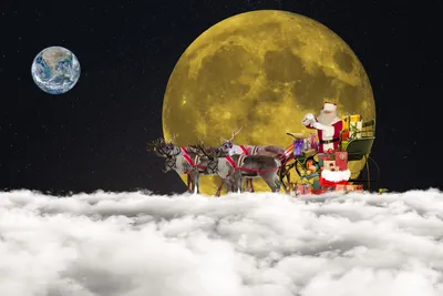 Santa Claus Sleigh Space Wallpaper 4K 1920x1280 Hd, Pc, Desktop, Wallpaper, Featuring, Santa, Claus, In, Sleigh, Pulled, Reindeer, Flying, White, Landscape, Full HD