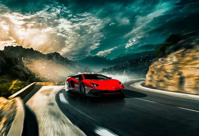 Red Supercar Speeds Along Cars Wallpaper 4K 2000x1372 A, Red, Lamborghini, Aventador, Sv, Supercar, Speeds, Along, Winding, Mountain, Road, Under, Gray, Landscape, Full HD