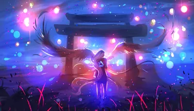 Fantasy Anime Glowing Angel Abstract Wallpaper 4K 1920x1098 Fantasy, Anime, Scene, With, A, Glowing, Angel, Wings, Front, Torii, Gate, Surrounded, Brown, Black, Blue, Ultrawide, Full HD