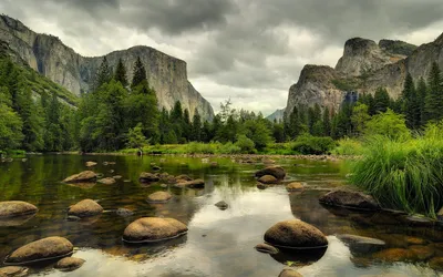 Serene Landscape Tranquil River Surrounded Nature Wallpaper 4K 1920x1200 A, Serene, Landscape, Featuring, Tranquil, River, Surrounded, Towering, Mountains, Lush, Trees, Captured, Gray, Ultrawide, Full HD